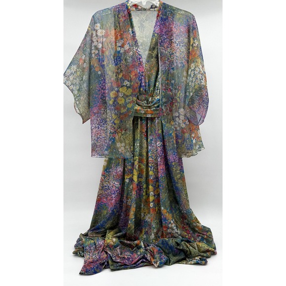 Vintage Jack Bryan Dress 8 Multicolor Floral Halter Maxi Chiffon Overlay 70s 60s - Picture 1 of 12